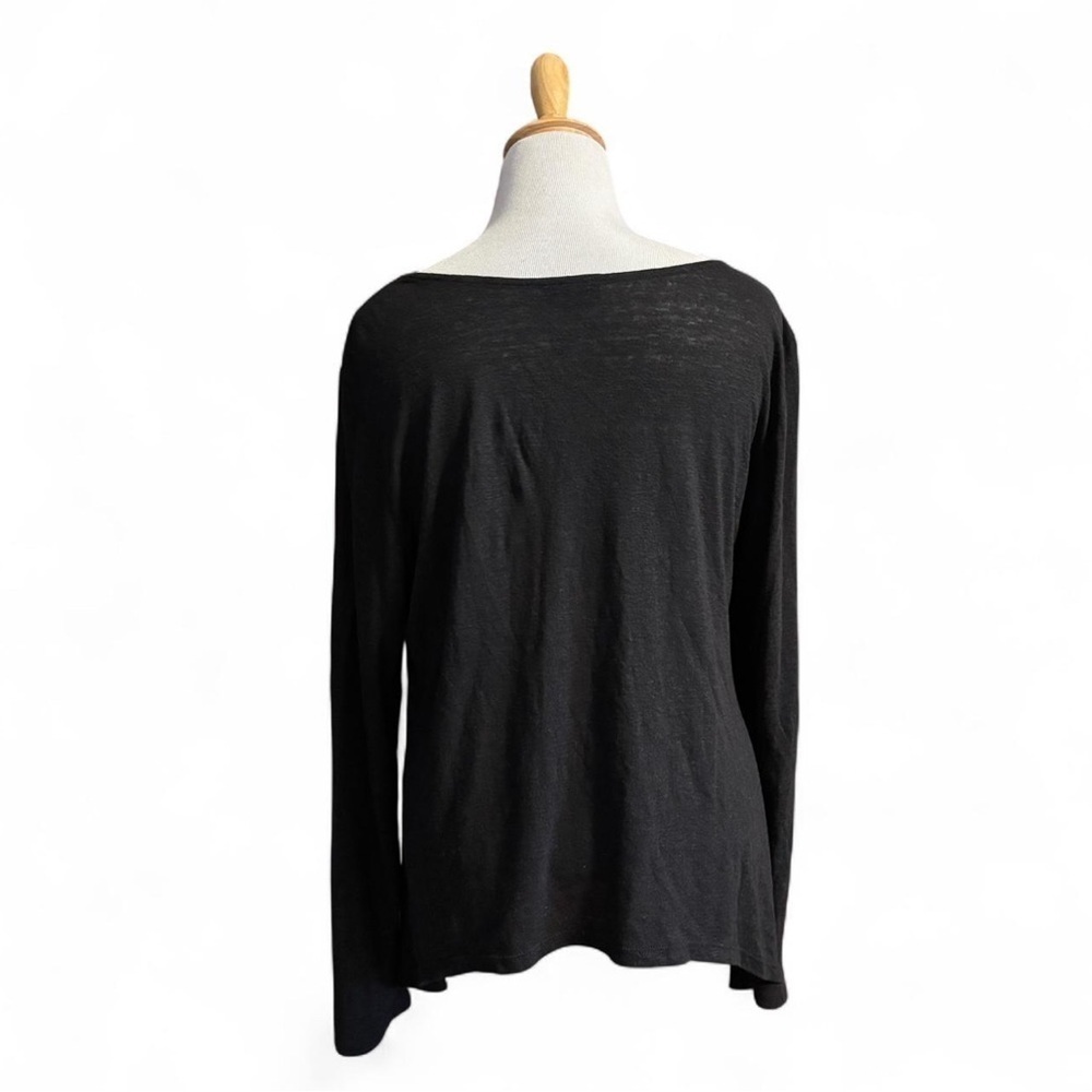 Lisa Bayne Women's Large Asymmetric Linen Blend Blouse Long Sleeve Black Basic - Picture 2 of 5